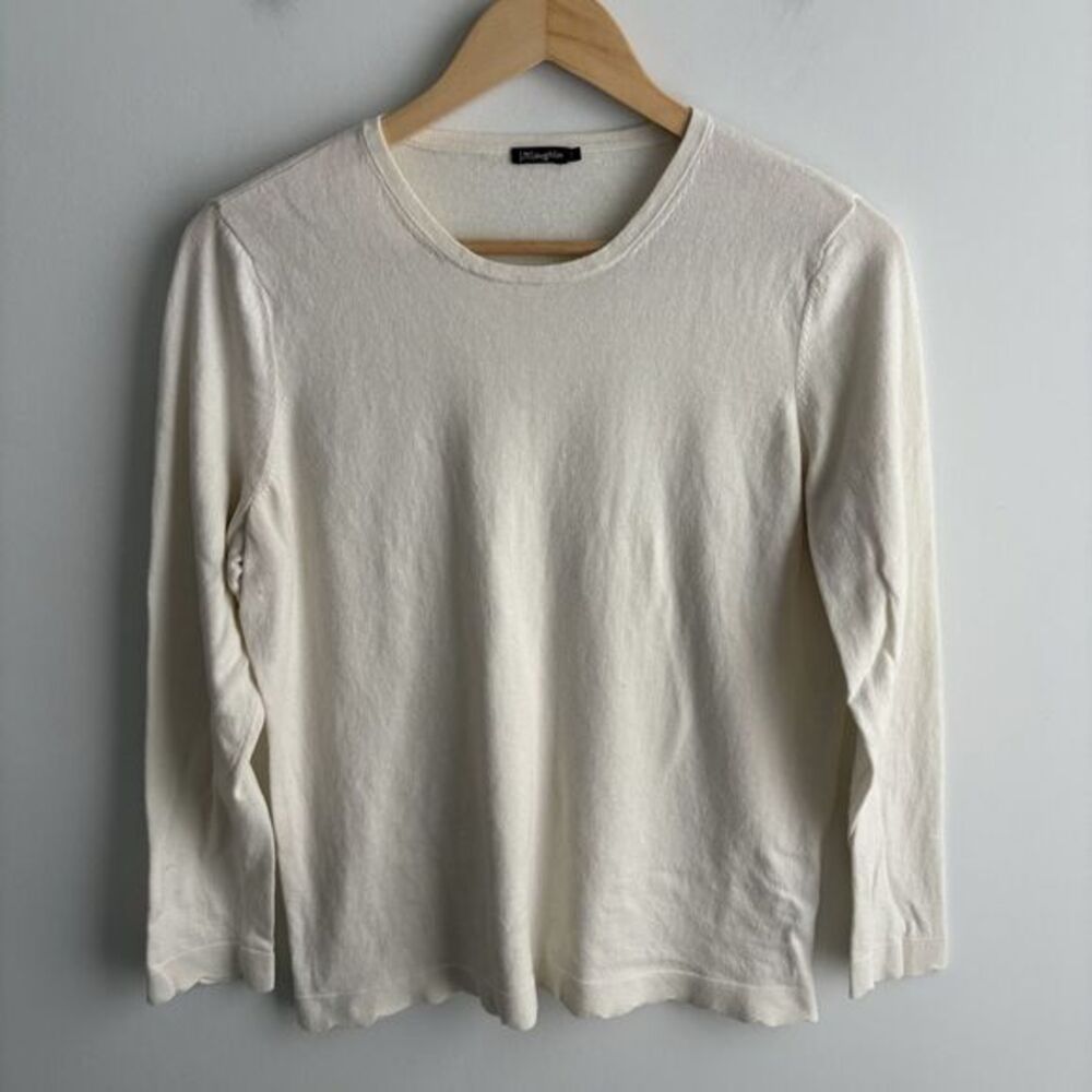 J McLaughlin Large Sweater White Cream Long Sleeve Scallop Hem Cotton Cashmere
